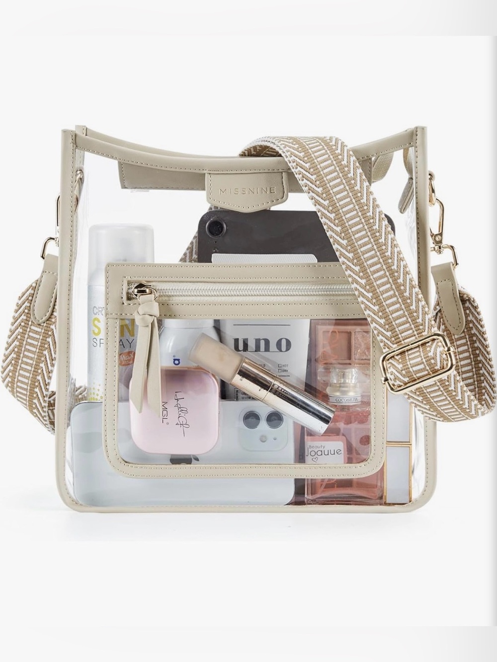MISSNINE  Clear Stadium Bag with Detailed Beige Crossbody Strap